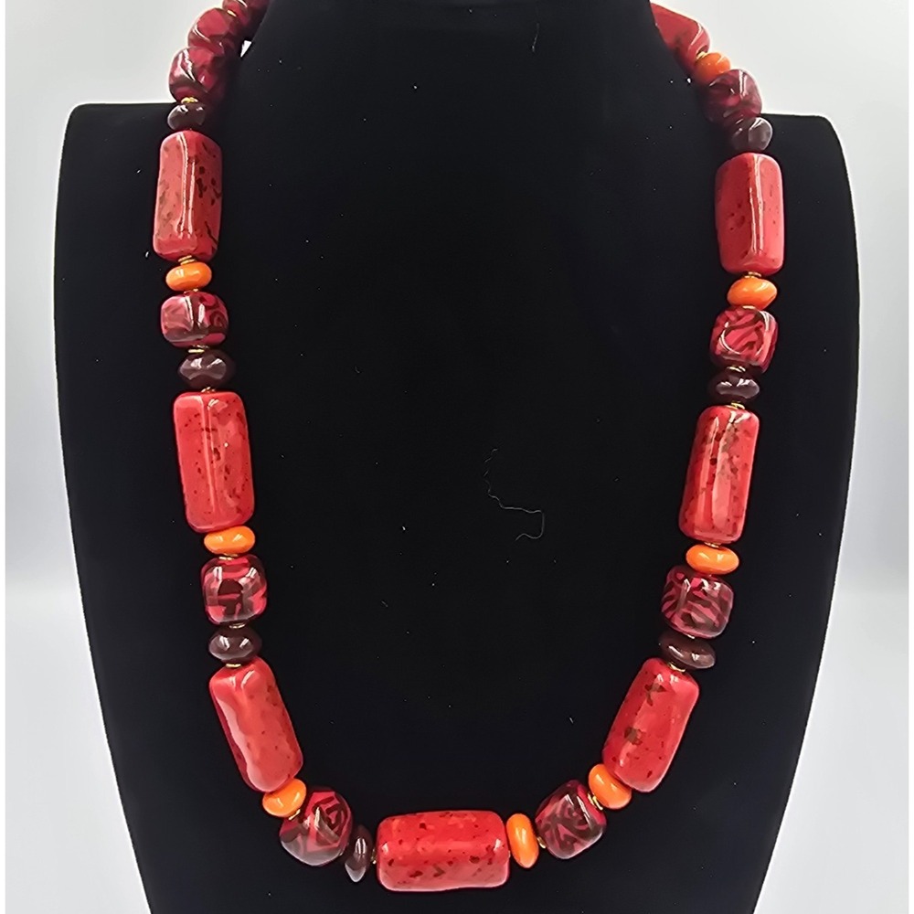 Vintage Blood Orange Red Glass Peking Trade Bead Necklace - Picture 1 of 8